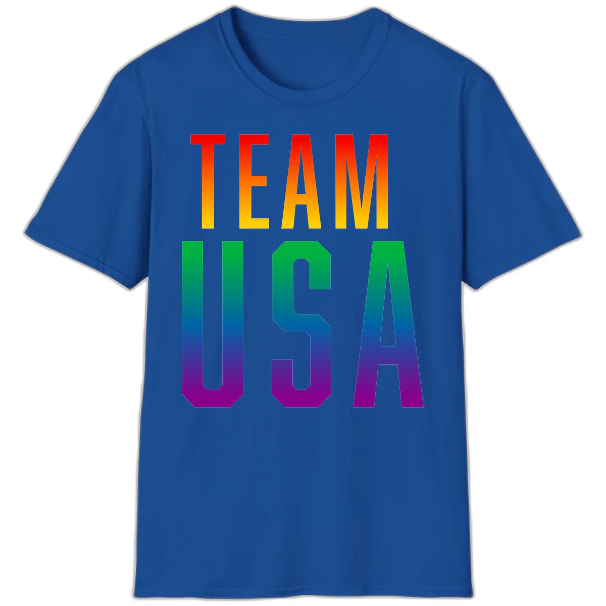 Team USA rainbow pride design with bold text gradient from red to purple representing LGBTQ+ flag colors in Royal