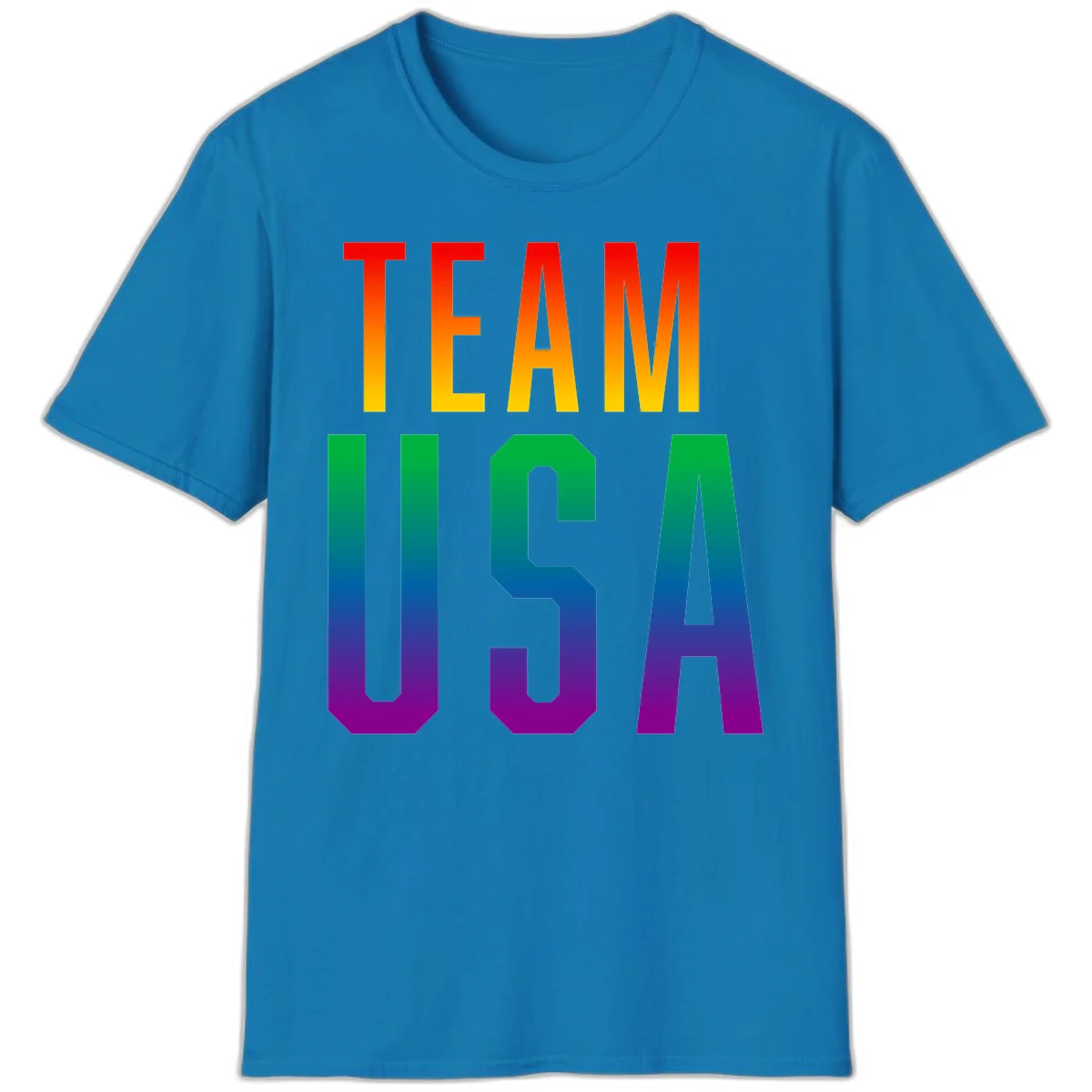 Team USA rainbow pride design with bold text gradient from red to purple representing LGBTQ+ flag colors in Sapphire