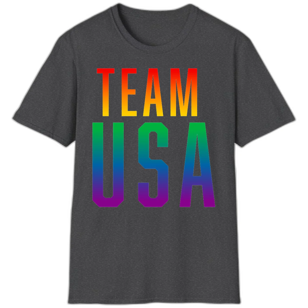 Team USA rainbow pride design with bold text gradient from red to purple representing LGBTQ+ flag colors in Dark Heather