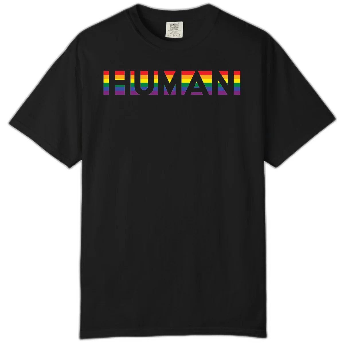 Rainbow pride letters in red, orange, yellow, green, blue, and purple stripes on gray background in Black