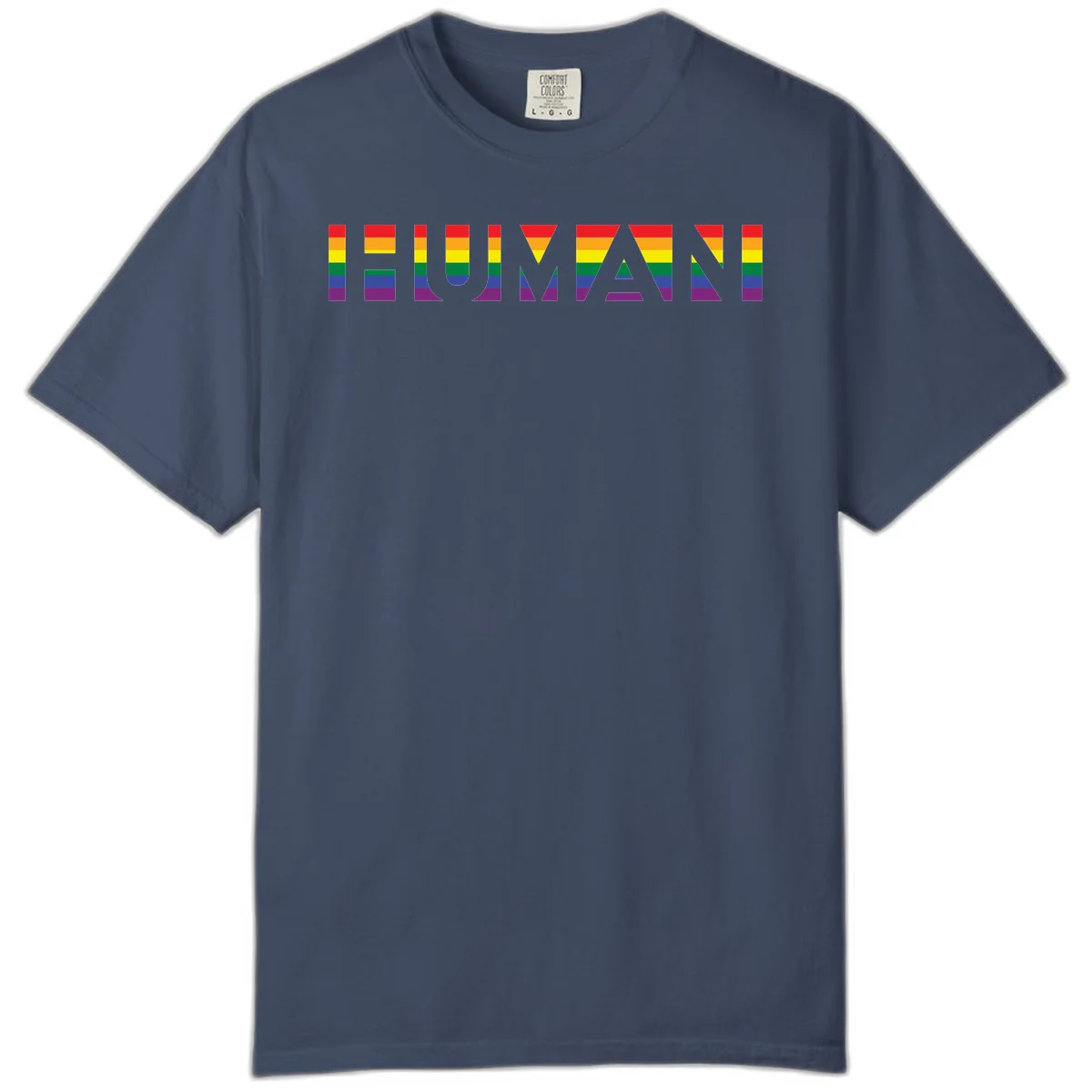 Rainbow pride letters in red, orange, yellow, green, blue, and purple stripes on gray background in Midnight