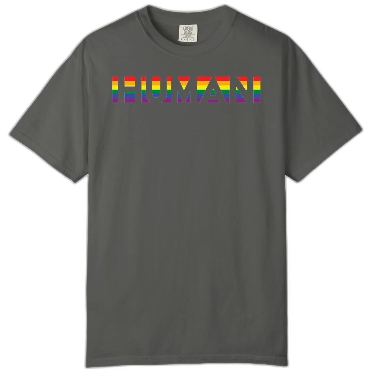 Rainbow pride letters in red, orange, yellow, green, blue, and purple stripes on gray background in Pepper