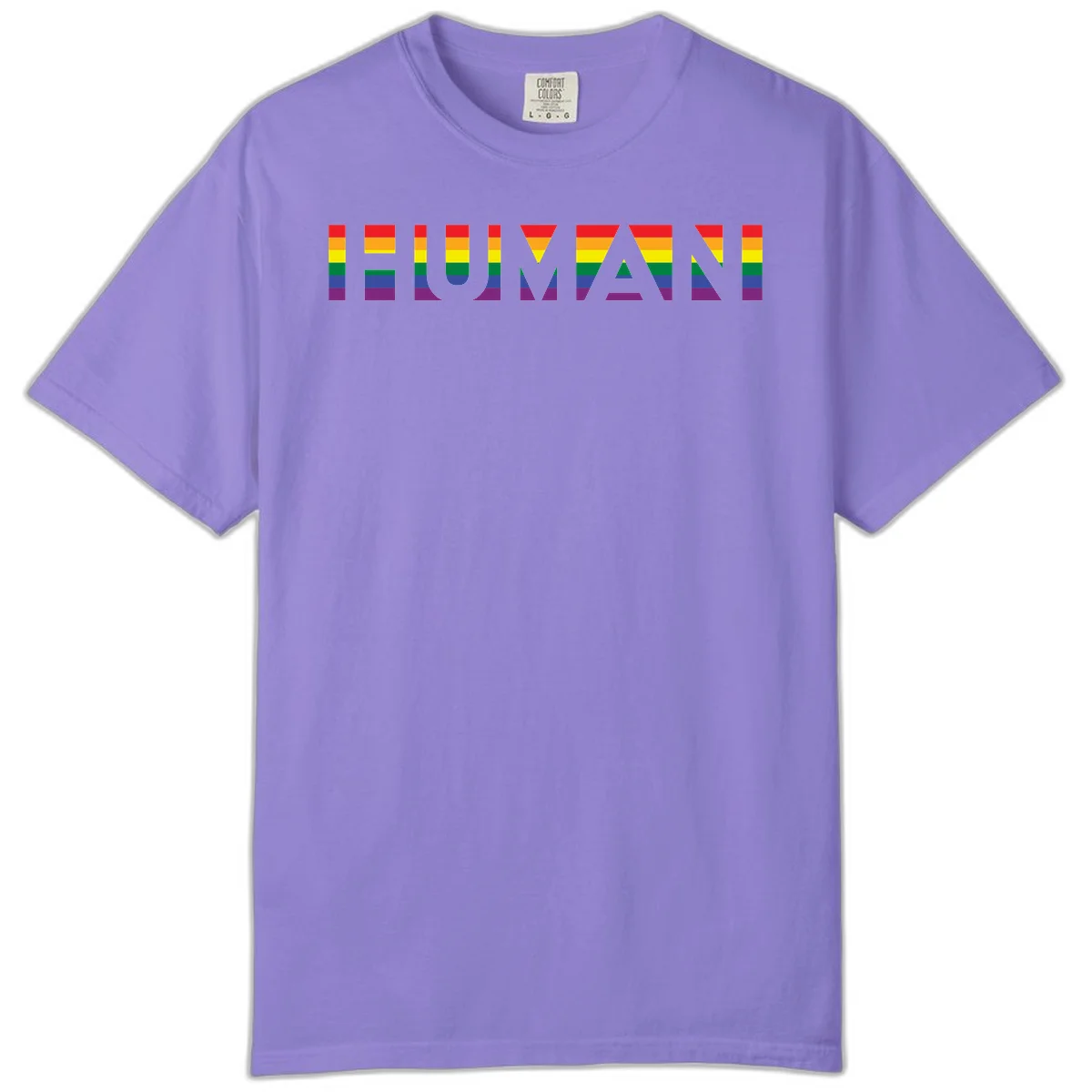 Rainbow pride letters in red, orange, yellow, green, blue, and purple stripes on gray background in Violet