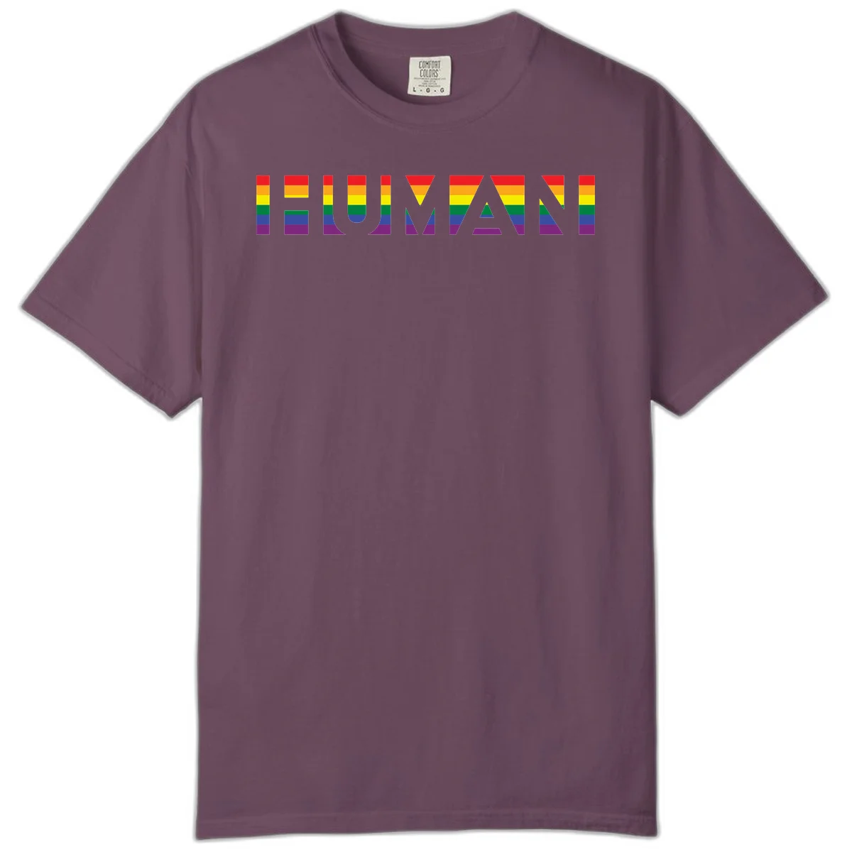 Rainbow pride letters in red, orange, yellow, green, blue, and purple stripes on gray background in Berry