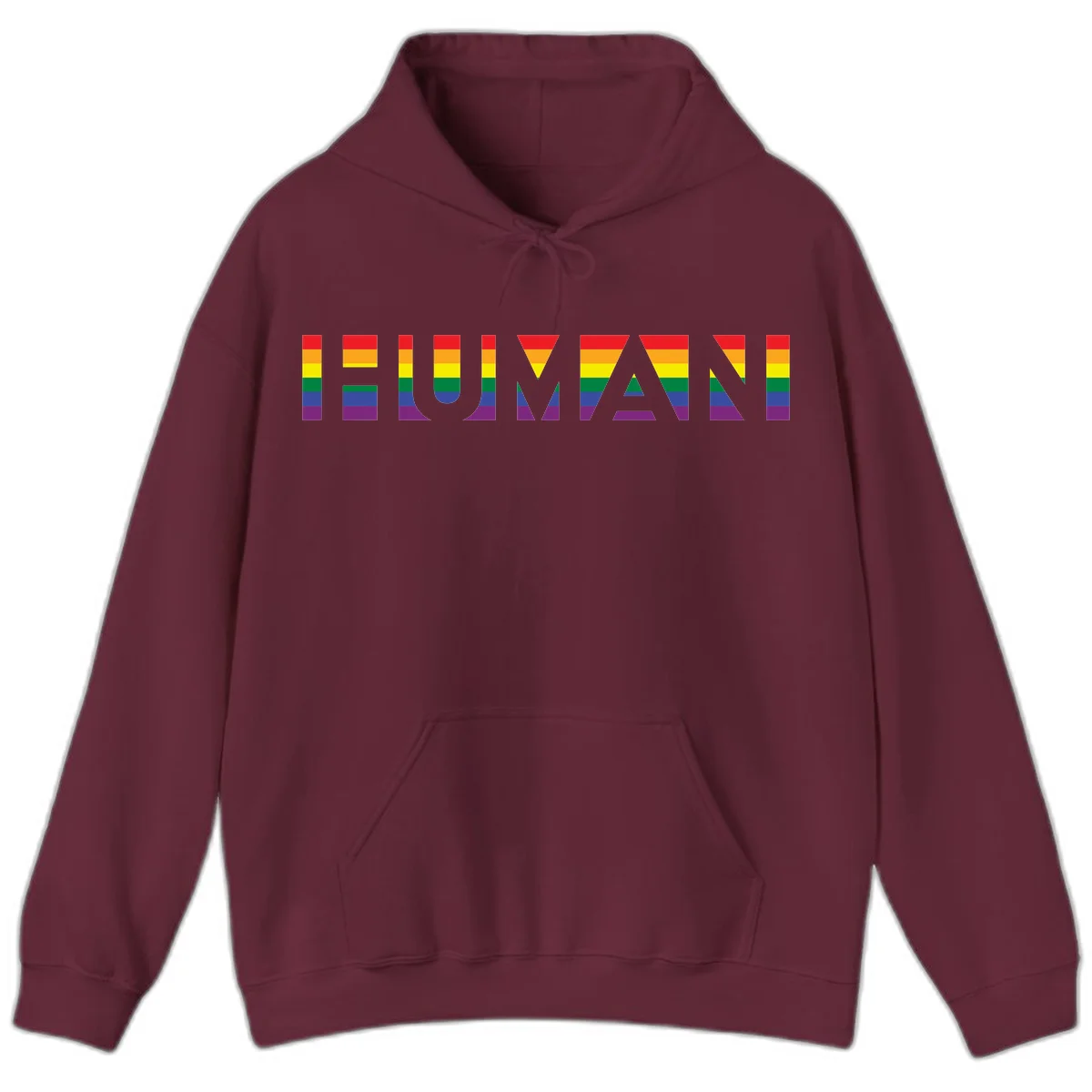 Rainbow pride letters in red, orange, yellow, green, blue, and purple stripes on gray background in Maroon