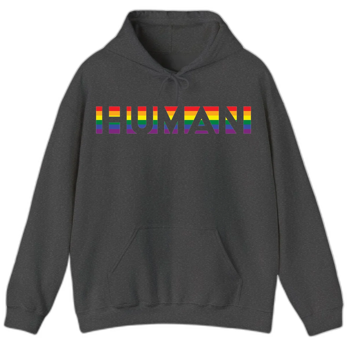Rainbow pride letters in red, orange, yellow, green, blue, and purple stripes on gray background in Dark Heather