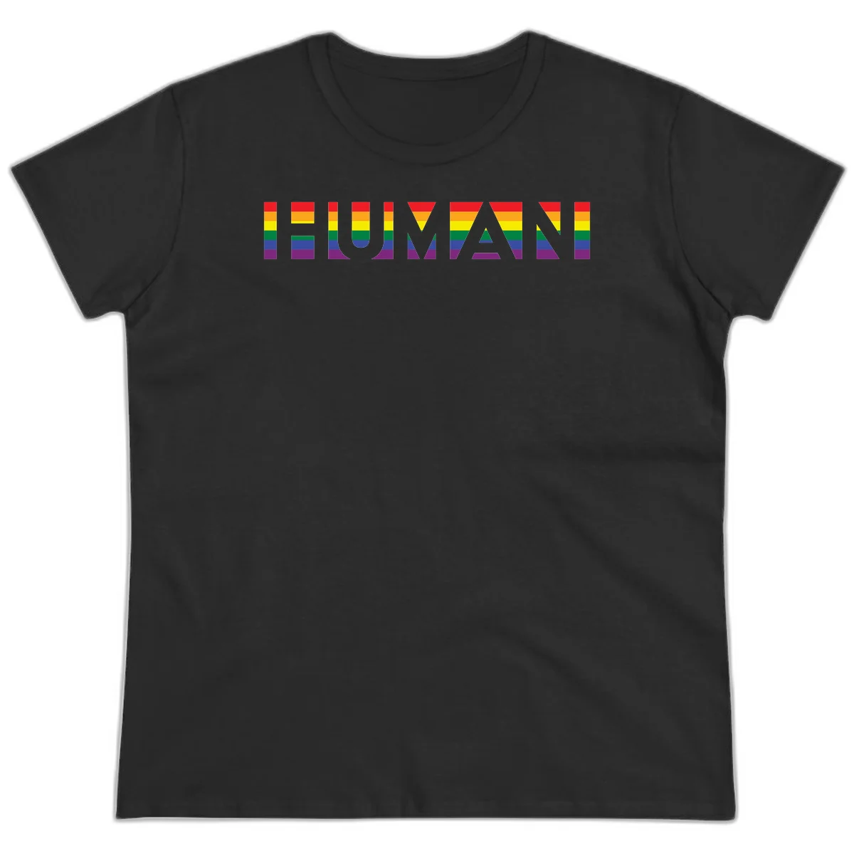 Rainbow pride letters in red, orange, yellow, green, blue, and purple stripes on gray background in Black