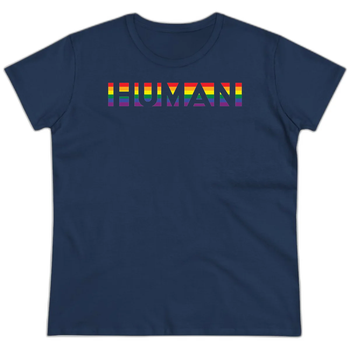 Rainbow pride letters in red, orange, yellow, green, blue, and purple stripes on gray background in Navy