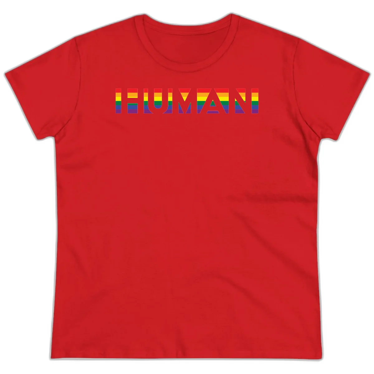 Rainbow pride letters in red, orange, yellow, green, blue, and purple stripes on gray background in Red
