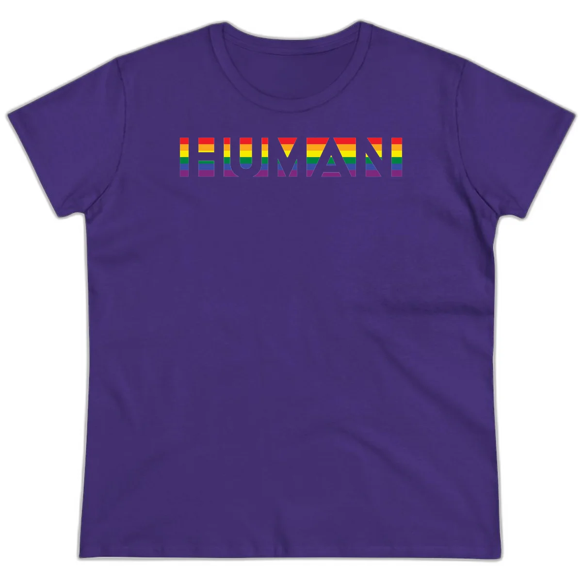 Rainbow pride letters in red, orange, yellow, green, blue, and purple stripes on gray background in Purple