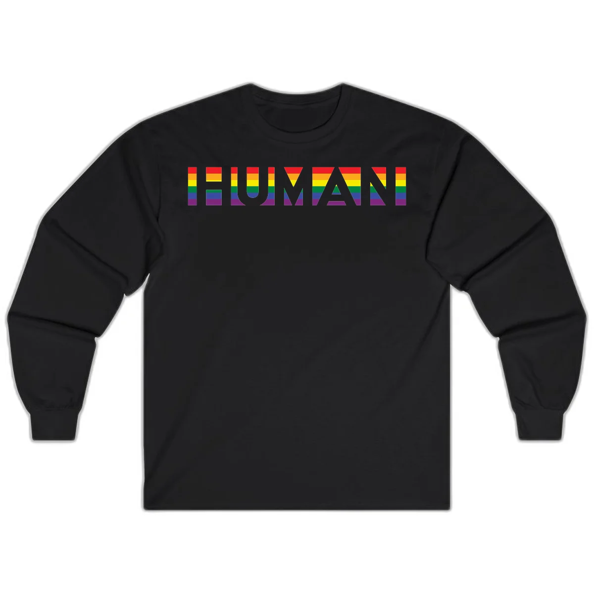 Rainbow pride letters in red, orange, yellow, green, blue, and purple stripes on gray background in Black