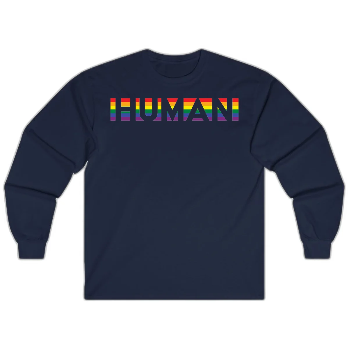 Rainbow pride letters in red, orange, yellow, green, blue, and purple stripes on gray background in Navy