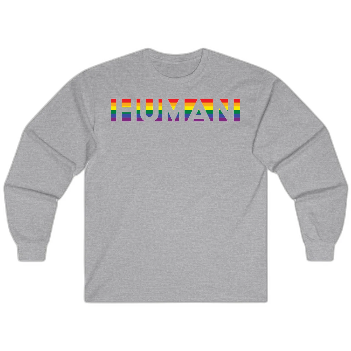 Rainbow pride letters in red, orange, yellow, green, blue, and purple stripes on gray background in Sport Grey