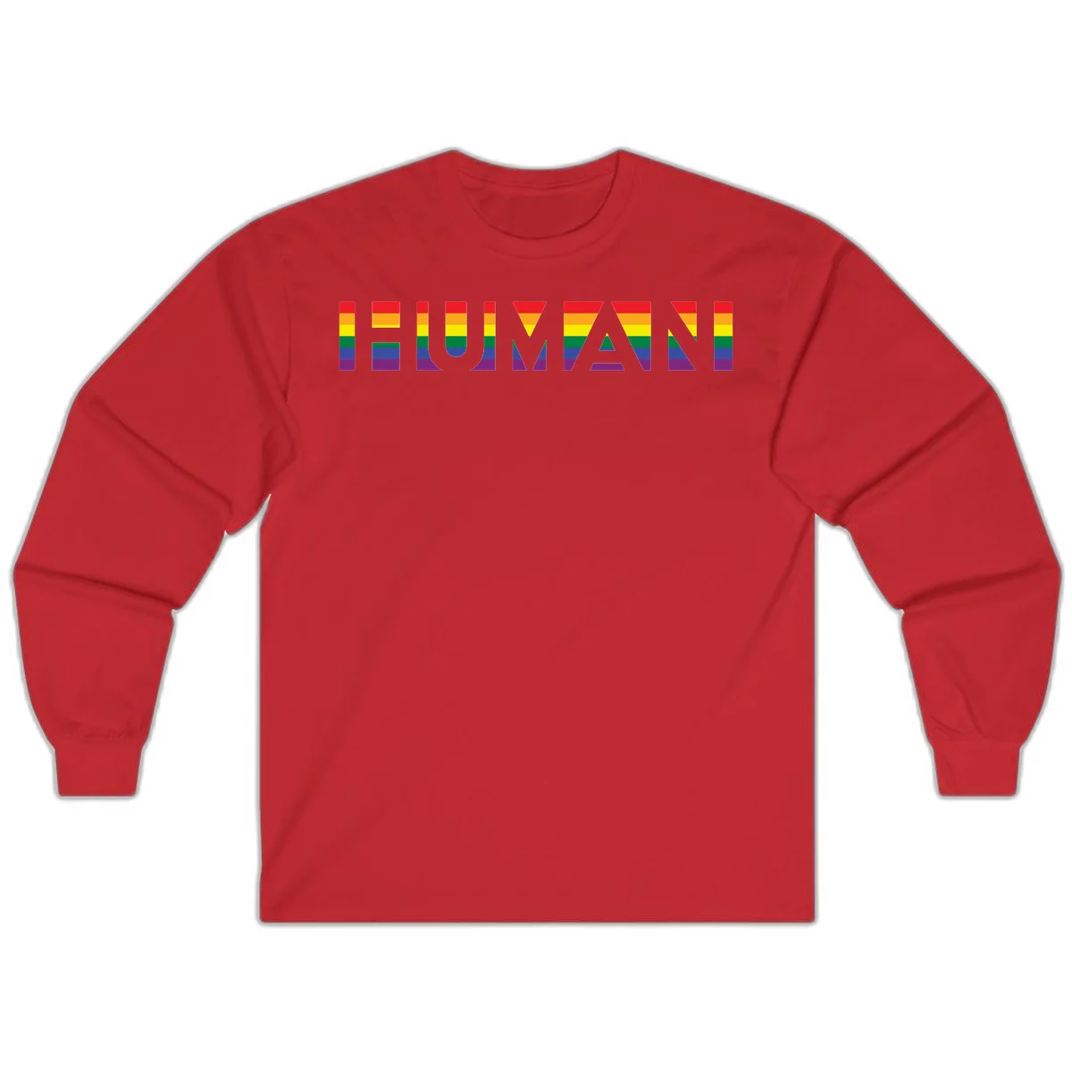Rainbow pride letters in red, orange, yellow, green, blue, and purple stripes on gray background in Red