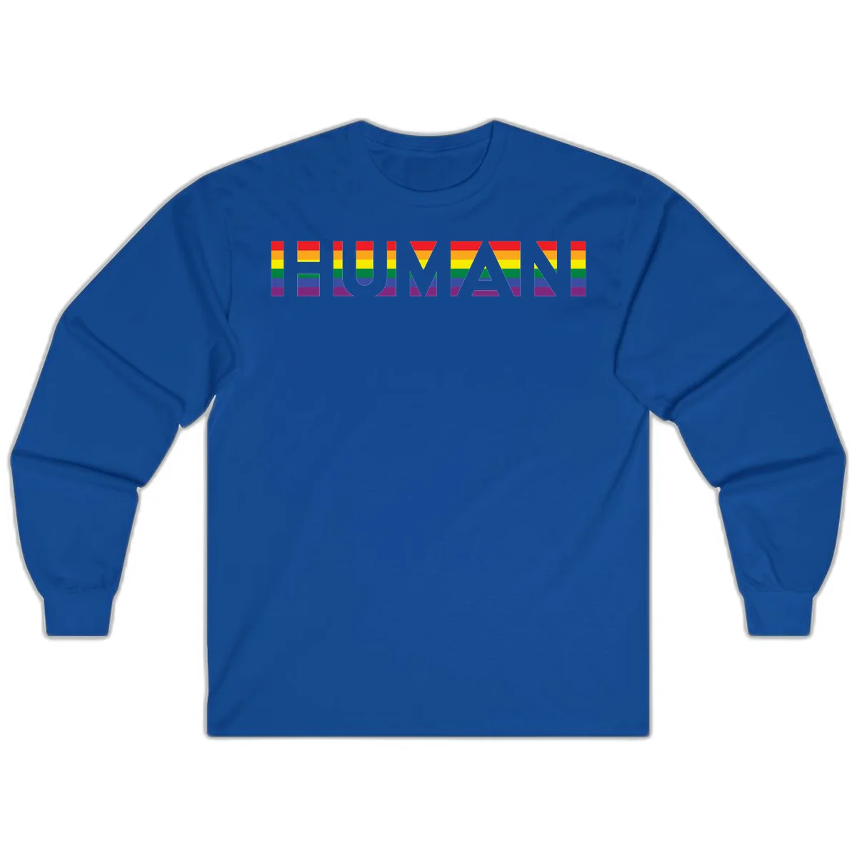 Rainbow pride letters in red, orange, yellow, green, blue, and purple stripes on gray background in Royal