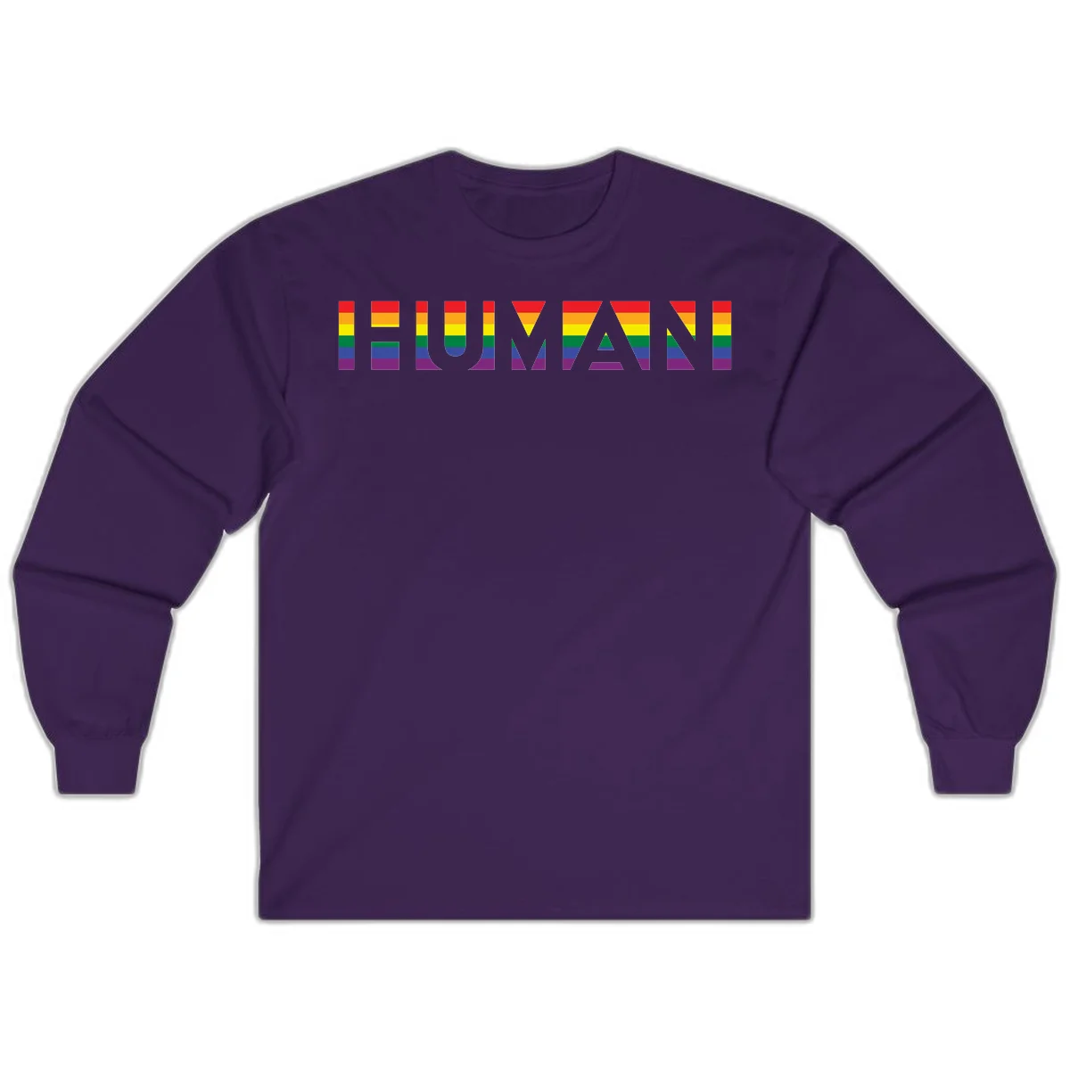 Rainbow pride letters in red, orange, yellow, green, blue, and purple stripes on gray background in Purple