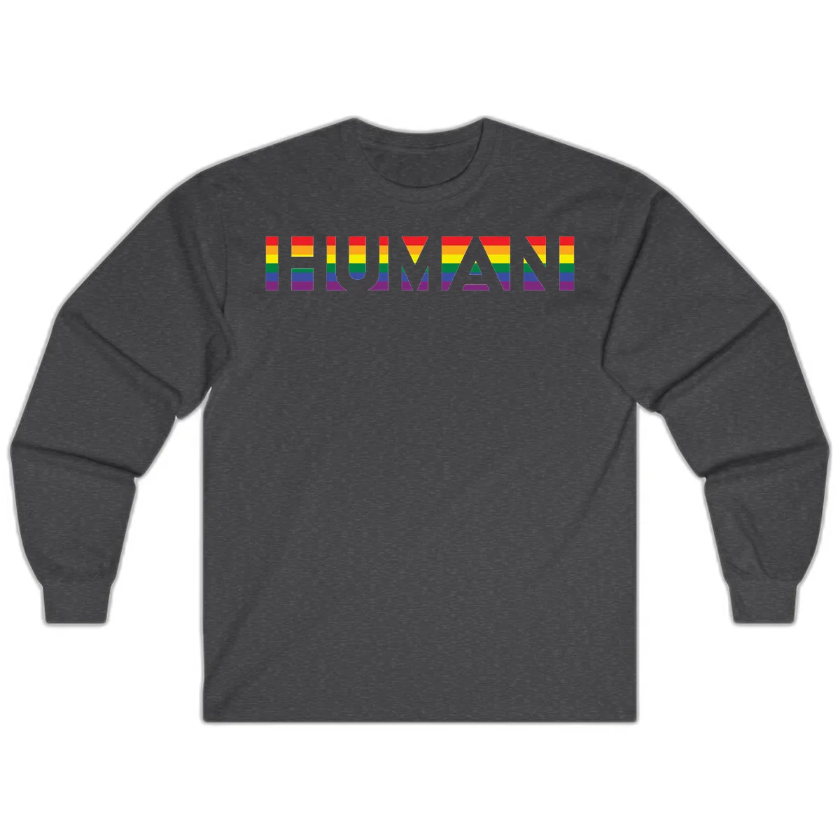 Rainbow pride letters in red, orange, yellow, green, blue, and purple stripes on gray background in Dark Heather