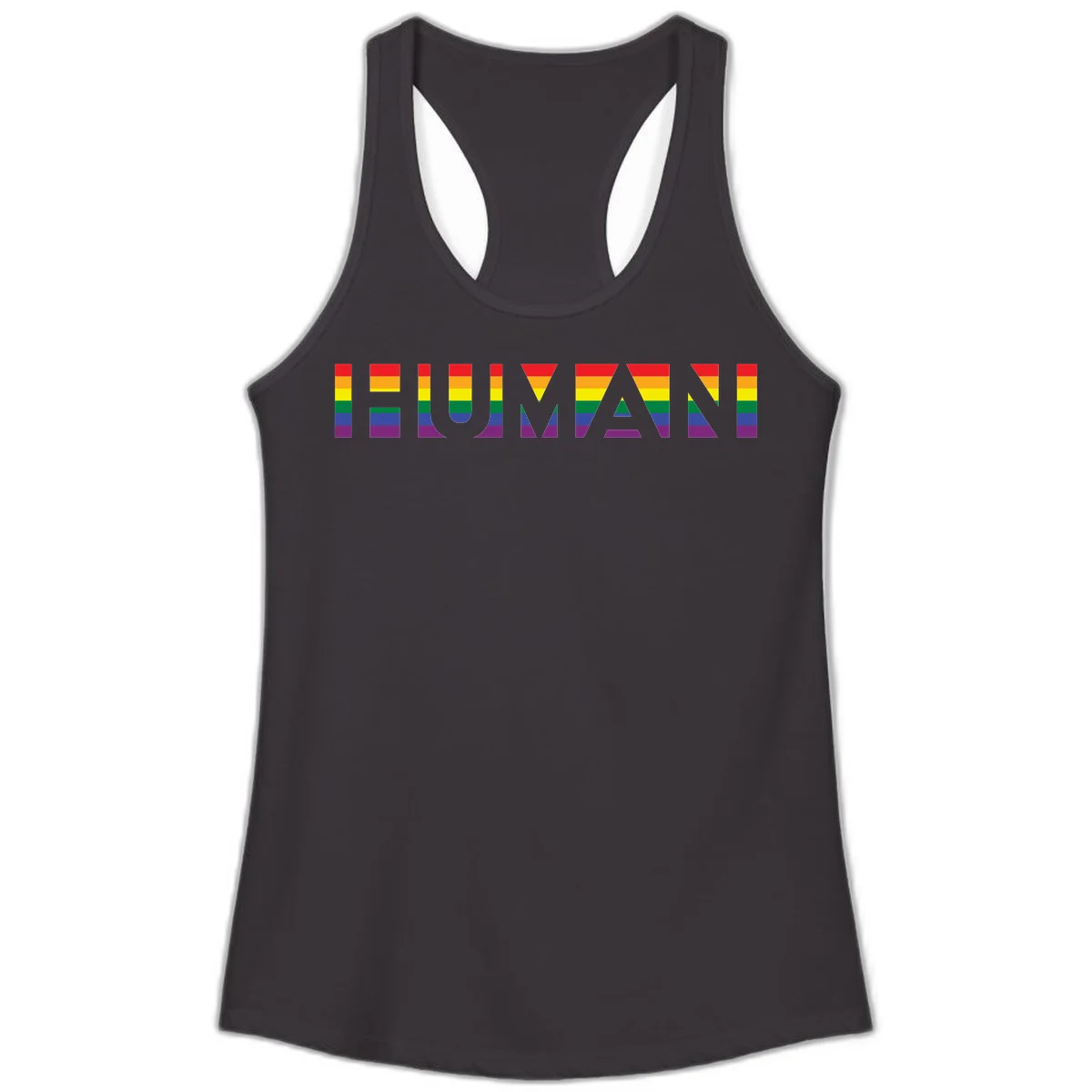 Rainbow pride letters in red, orange, yellow, green, blue, and purple stripes on gray background in Black