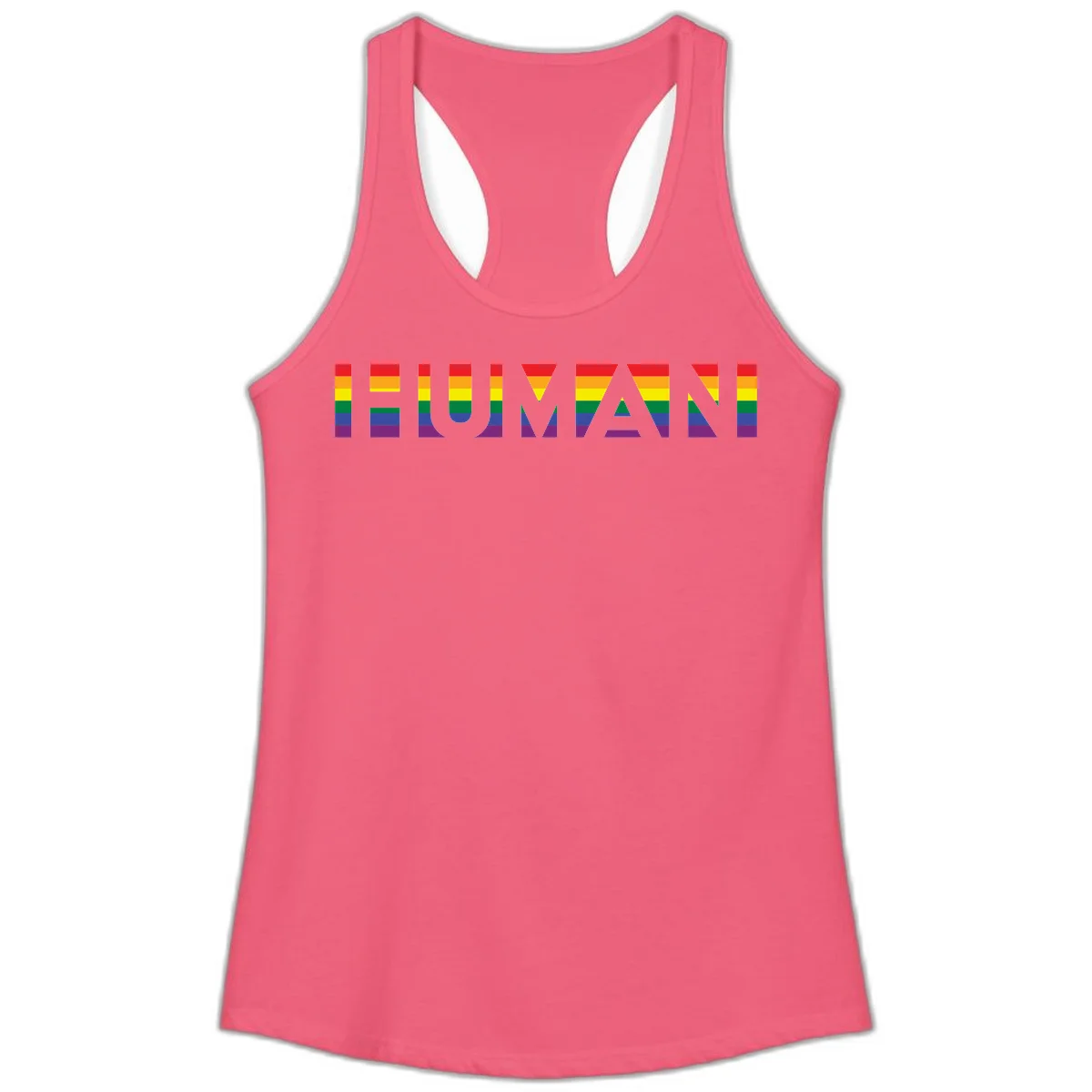 Rainbow pride letters in red, orange, yellow, green, blue, and purple stripes on gray background in Hot Pink
