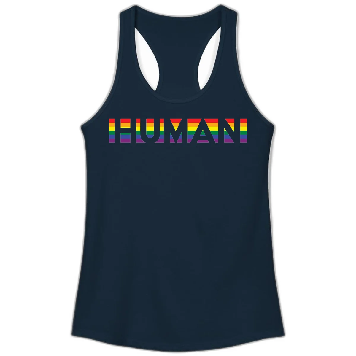 Rainbow pride letters in red, orange, yellow, green, blue, and purple stripes on gray background in Solid Midnight Navy