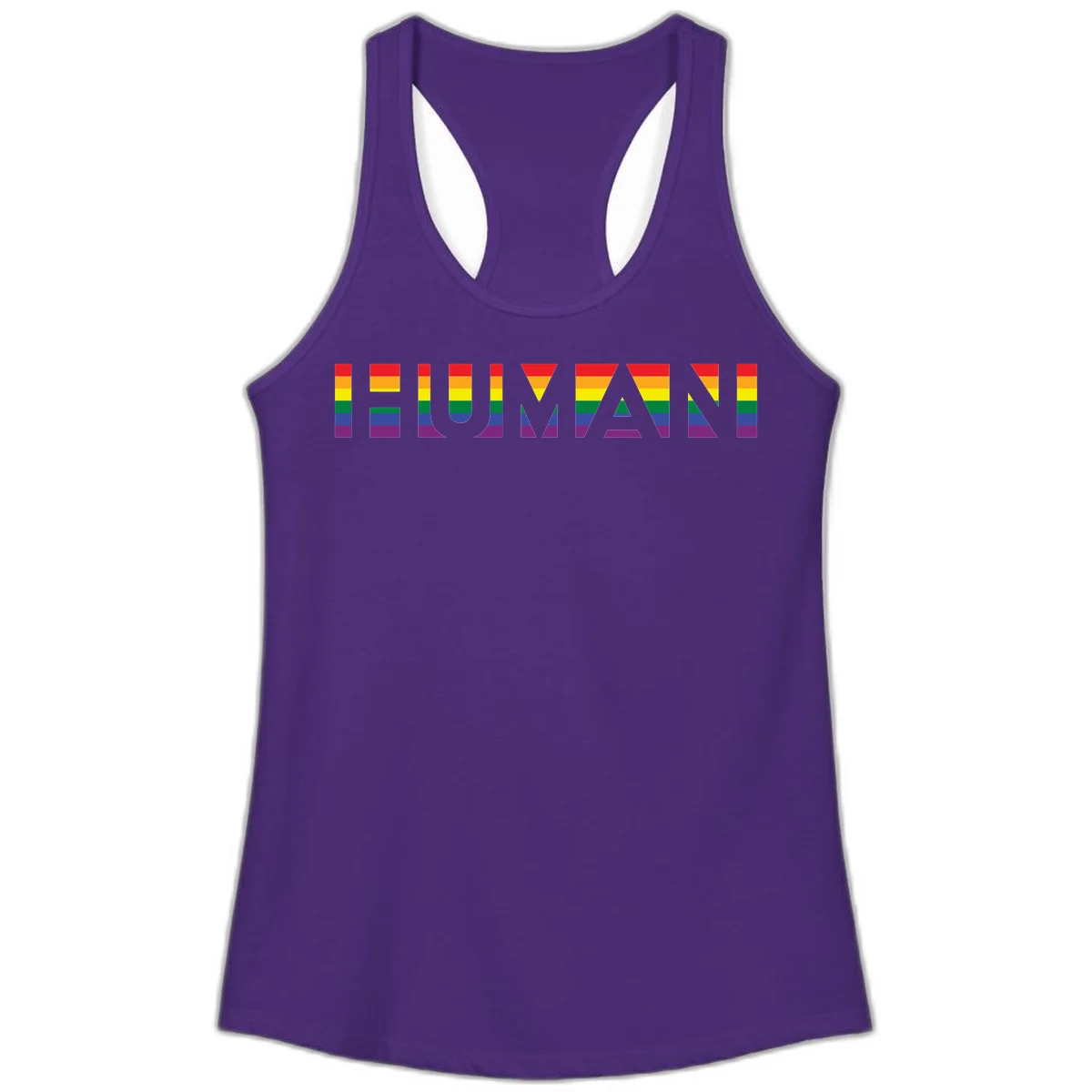 Rainbow pride letters in red, orange, yellow, green, blue, and purple stripes on gray background in Solid Purple Rush