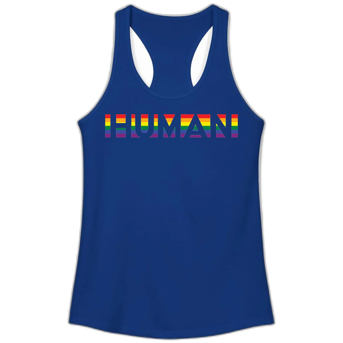 Rainbow pride letters in red, orange, yellow, green, blue, and purple stripes on gray background in Solid Royal