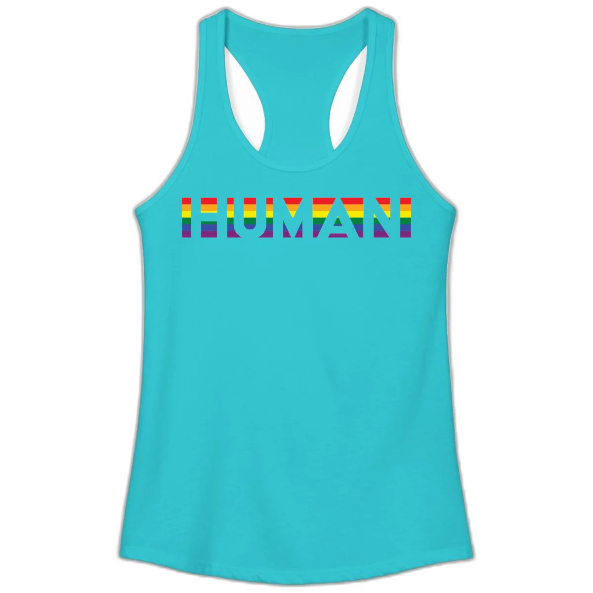 Rainbow pride letters in red, orange, yellow, green, blue, and purple stripes on gray background in Solid Tahiti Blue