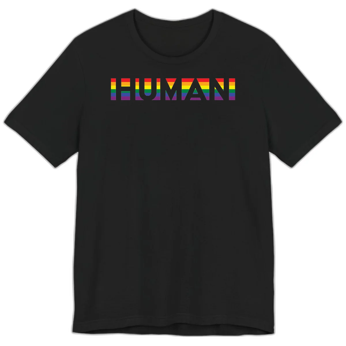 Rainbow pride letters in red, orange, yellow, green, blue, and purple stripes on gray background in Black