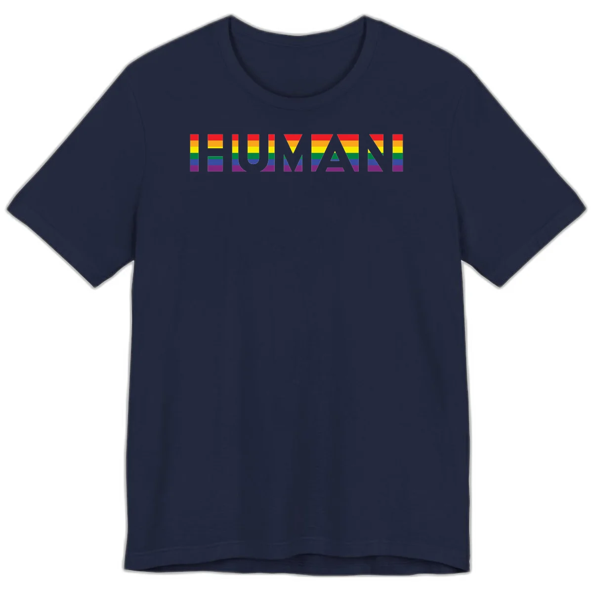 Rainbow pride letters in red, orange, yellow, green, blue, and purple stripes on gray background in Navy