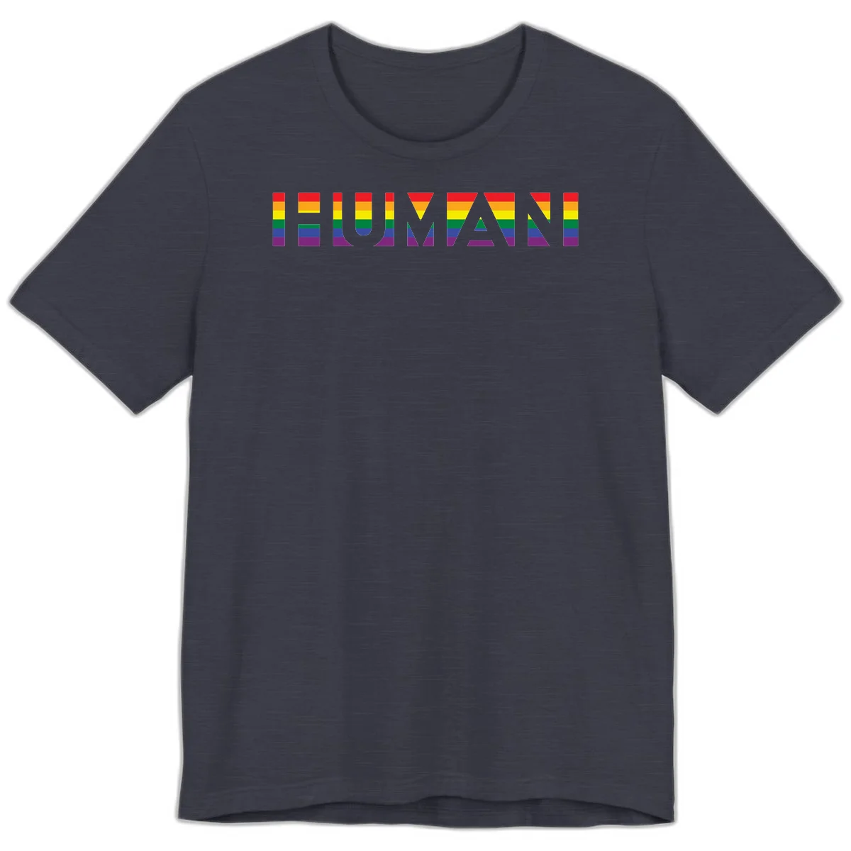 Rainbow pride letters in red, orange, yellow, green, blue, and purple stripes on gray background in Heather Midnight Navy