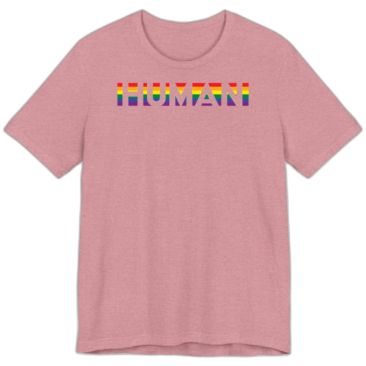 Rainbow pride letters in red, orange, yellow, green, blue, and purple stripes on gray background in Heather Orchid