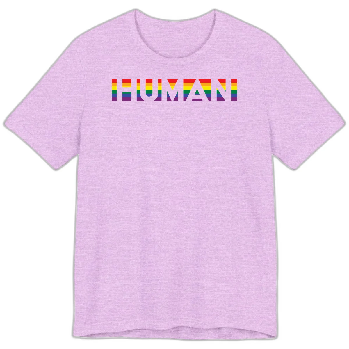 Rainbow pride letters in red, orange, yellow, green, blue, and purple stripes on gray background in Heather Prism Lilac