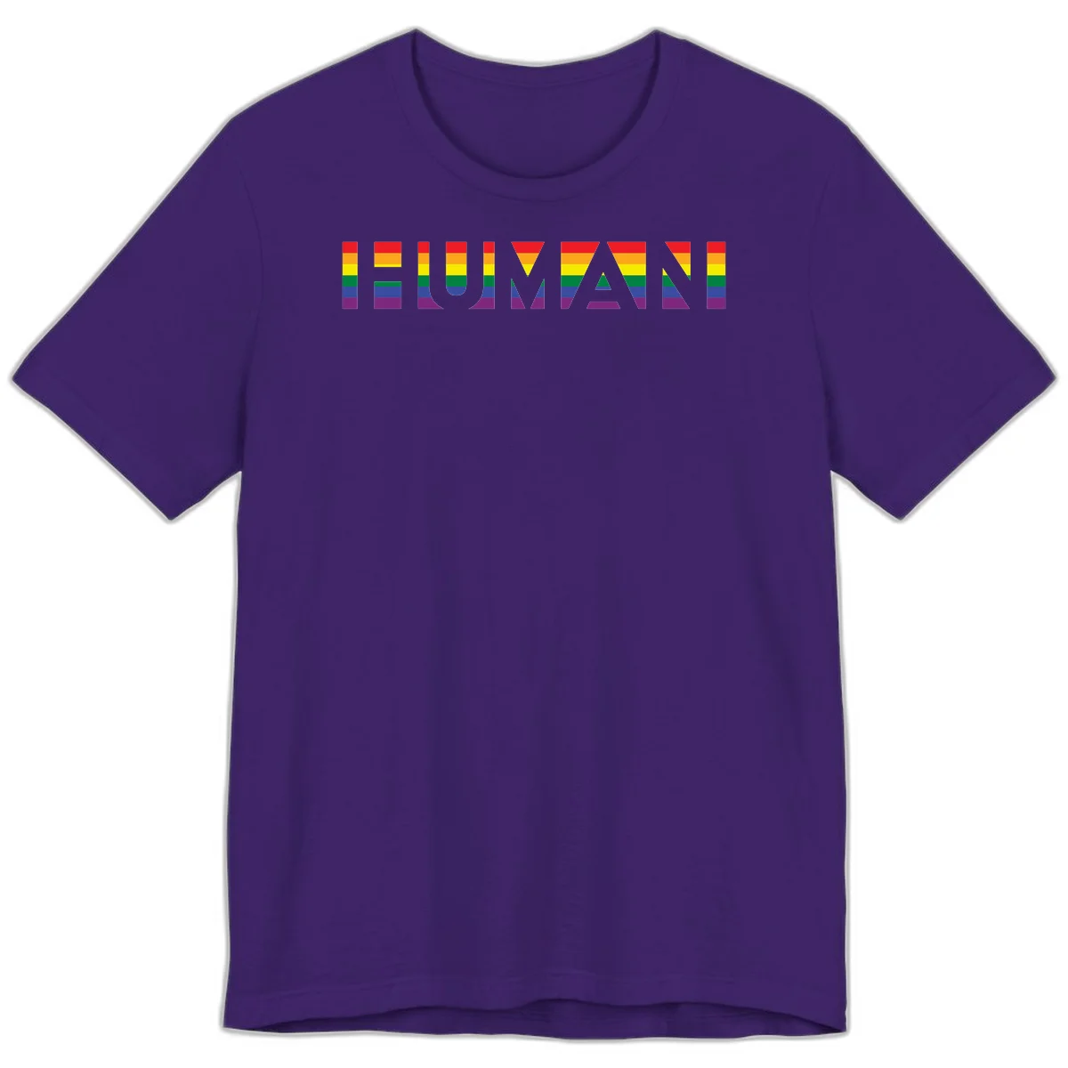 Rainbow pride letters in red, orange, yellow, green, blue, and purple stripes on gray background in Team Purple