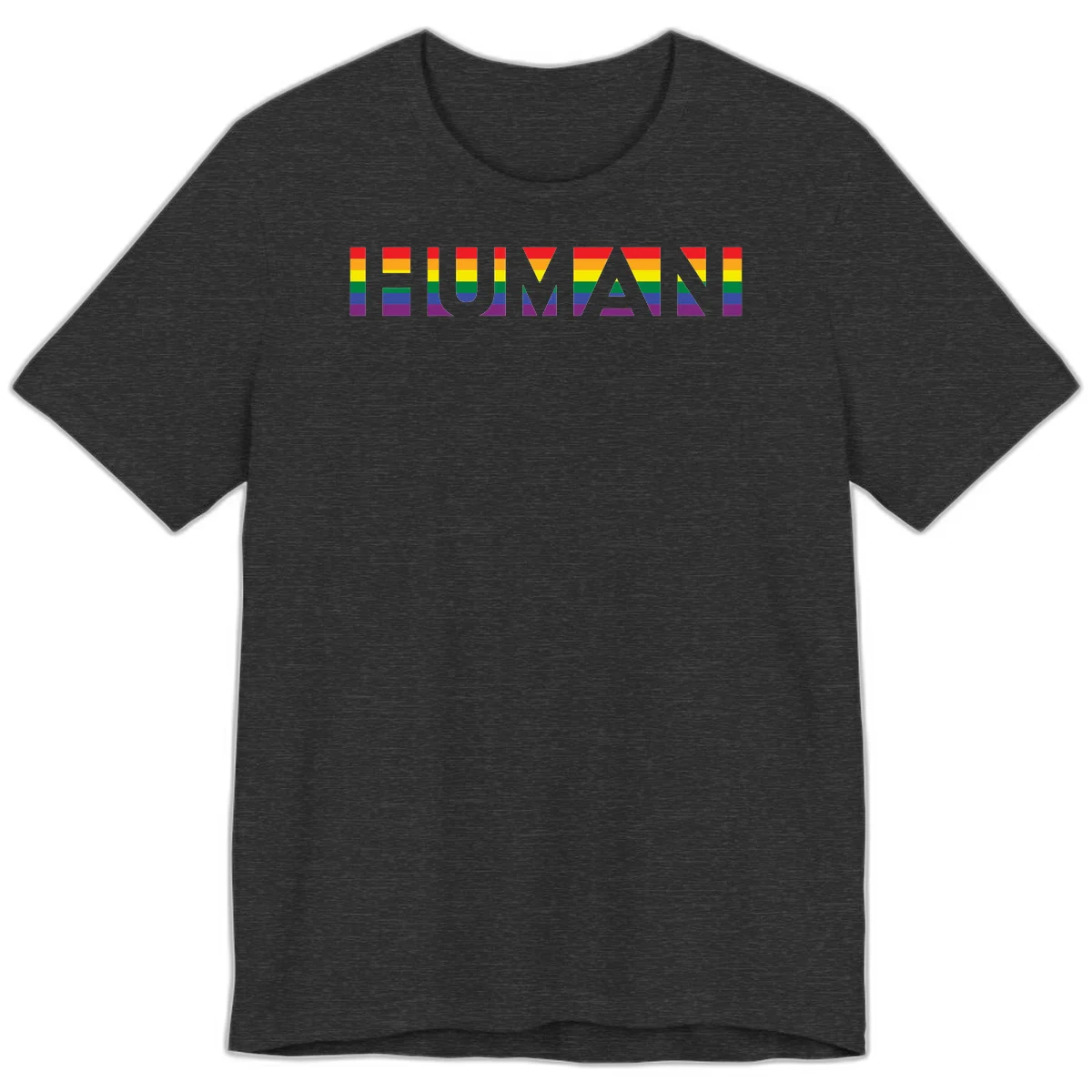Rainbow pride letters in red, orange, yellow, green, blue, and purple stripes on gray background in Dark Grey Heather