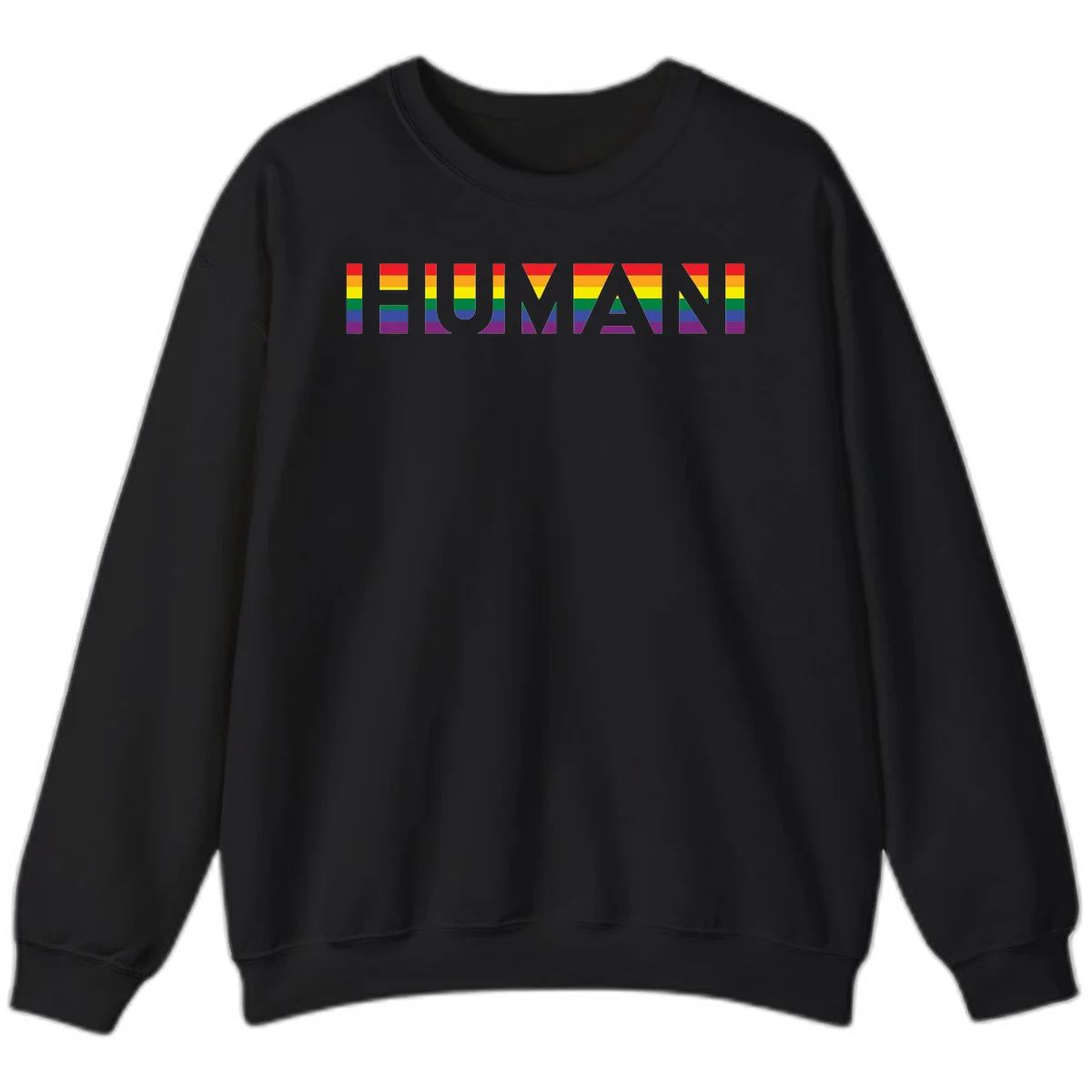 Rainbow pride letters in red, orange, yellow, green, blue, and purple stripes on gray background in Black