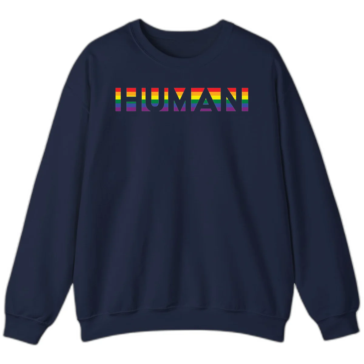 Rainbow pride letters in red, orange, yellow, green, blue, and purple stripes on gray background in Navy