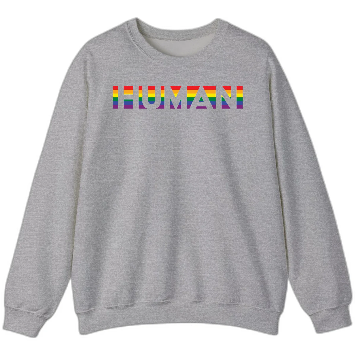 Rainbow pride letters in red, orange, yellow, green, blue, and purple stripes on gray background in Sport Grey