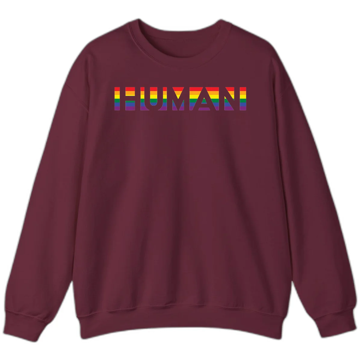 Rainbow pride letters in red, orange, yellow, green, blue, and purple stripes on gray background in Maroon