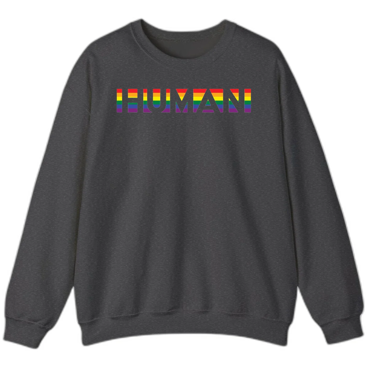 Rainbow pride letters in red, orange, yellow, green, blue, and purple stripes on gray background in Dark Heather