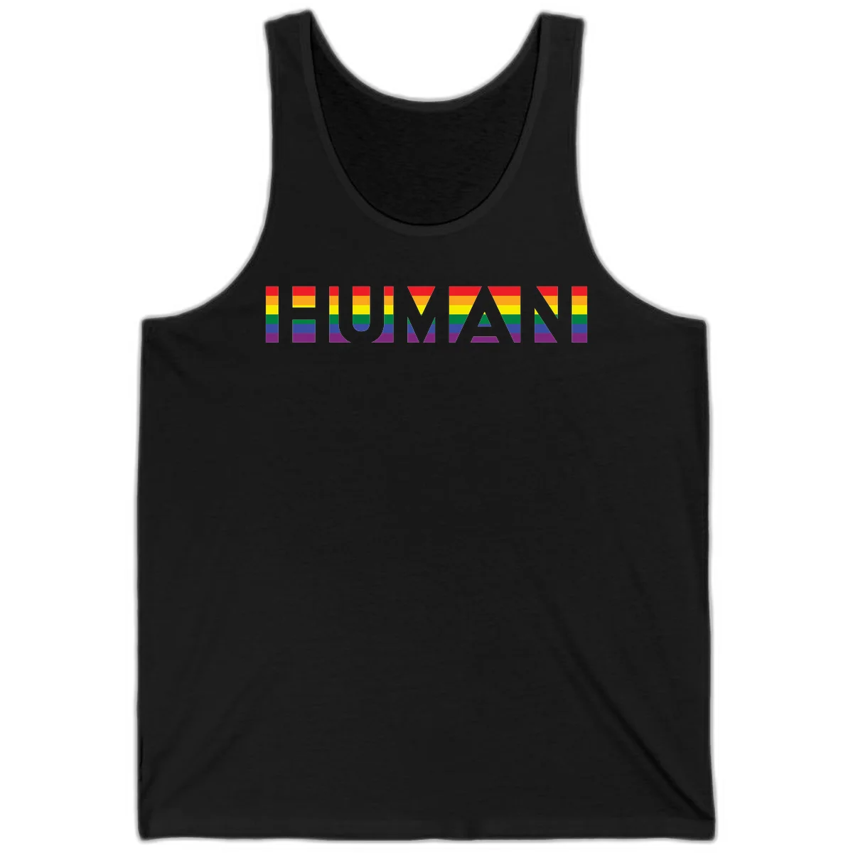 Rainbow pride letters in red, orange, yellow, green, blue, and purple stripes on gray background in Black