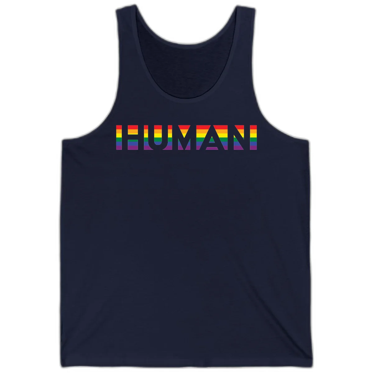 Rainbow pride letters in red, orange, yellow, green, blue, and purple stripes on gray background in Navy