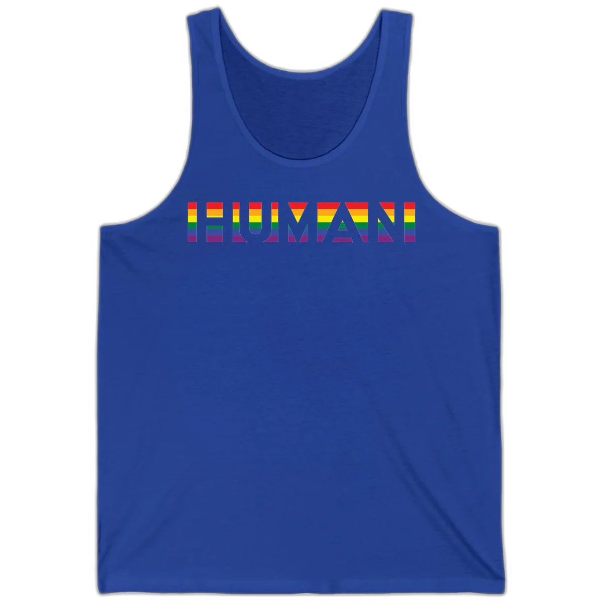 Rainbow pride letters in red, orange, yellow, green, blue, and purple stripes on gray background in True Royal