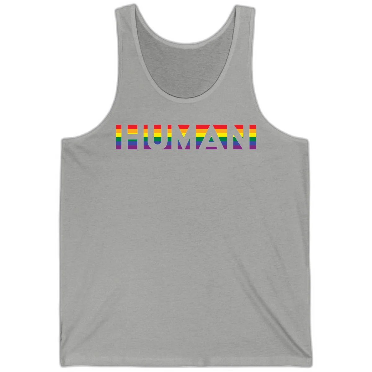 Rainbow pride letters in red, orange, yellow, green, blue, and purple stripes on gray background in Athletic Heather