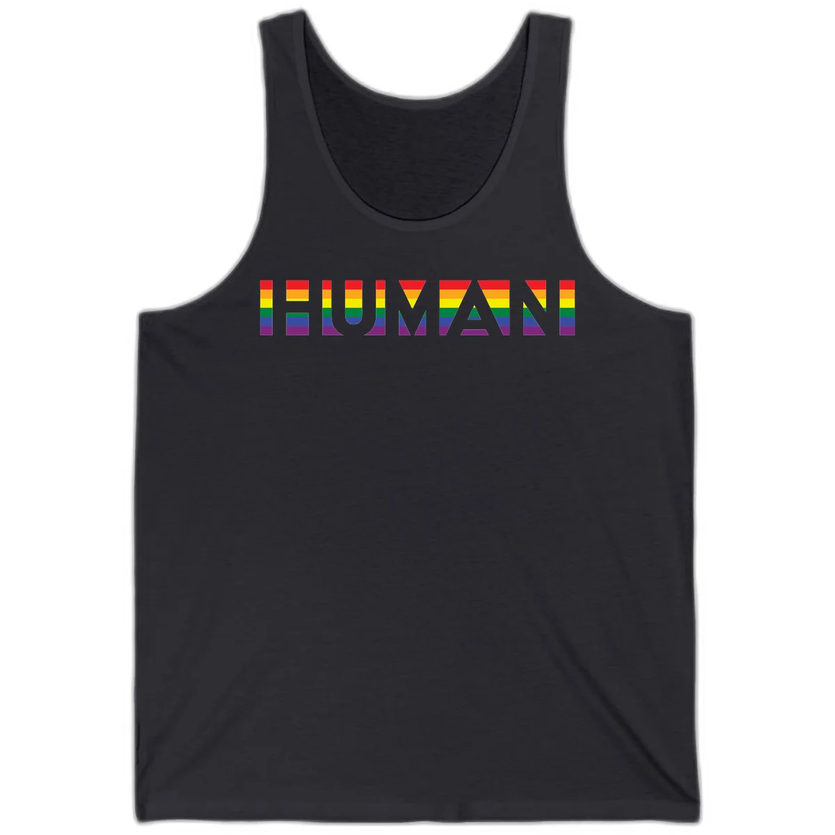 Rainbow pride letters in red, orange, yellow, green, blue, and purple stripes on gray background in Dark Grey
