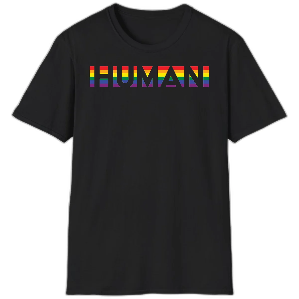 Rainbow pride letters in red, orange, yellow, green, blue, and purple stripes on gray background in Black
