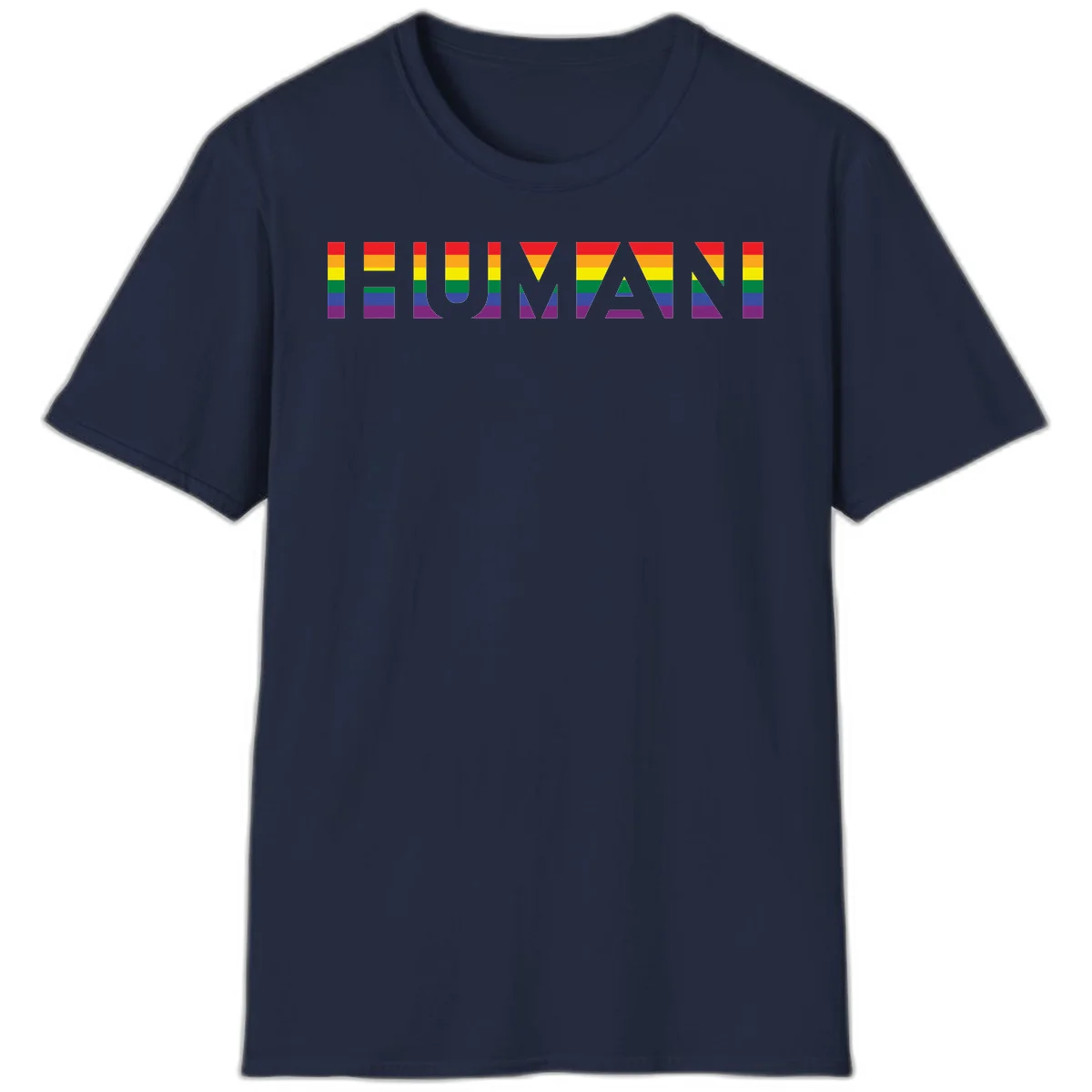 Rainbow pride letters in red, orange, yellow, green, blue, and purple stripes on gray background in Navy