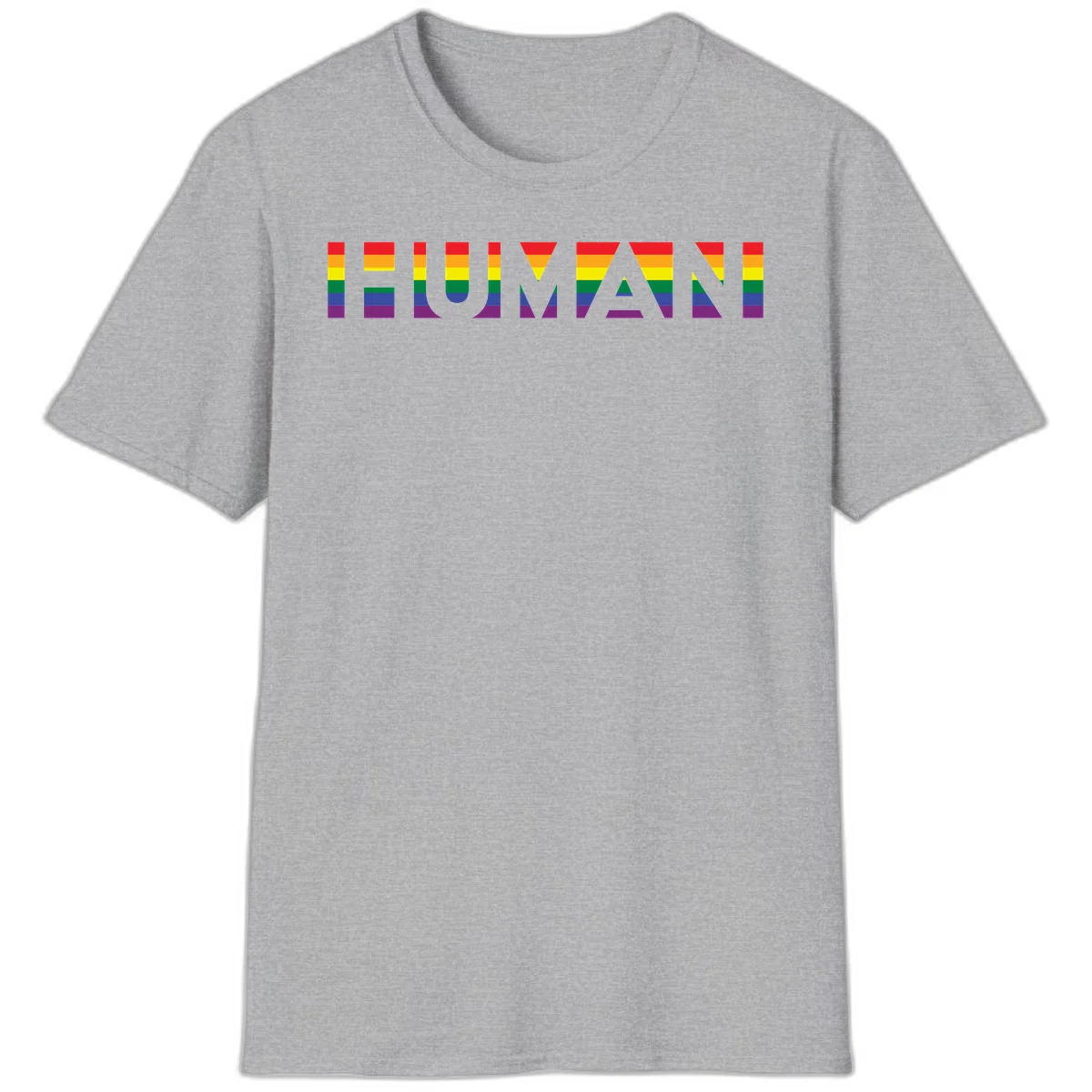 Rainbow pride letters in red, orange, yellow, green, blue, and purple stripes on gray background in Sport Grey