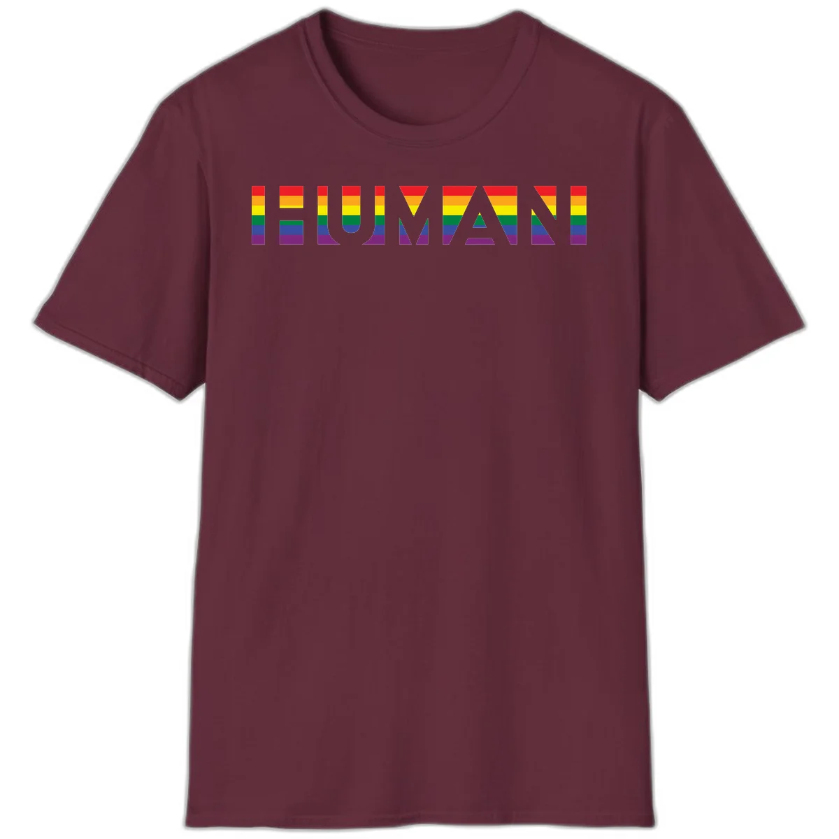 Rainbow pride letters in red, orange, yellow, green, blue, and purple stripes on gray background in Maroon