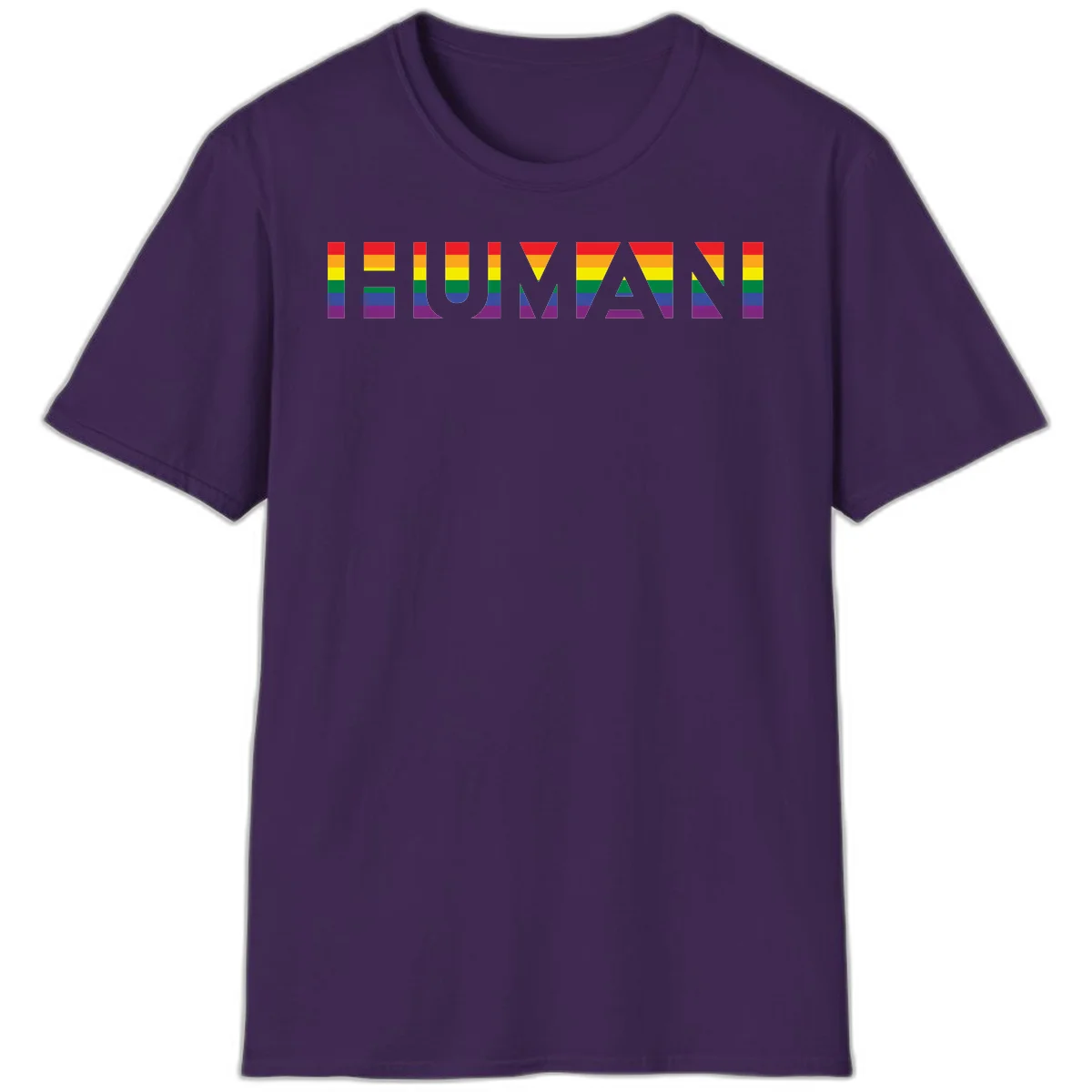 Rainbow pride letters in red, orange, yellow, green, blue, and purple stripes on gray background in Purple