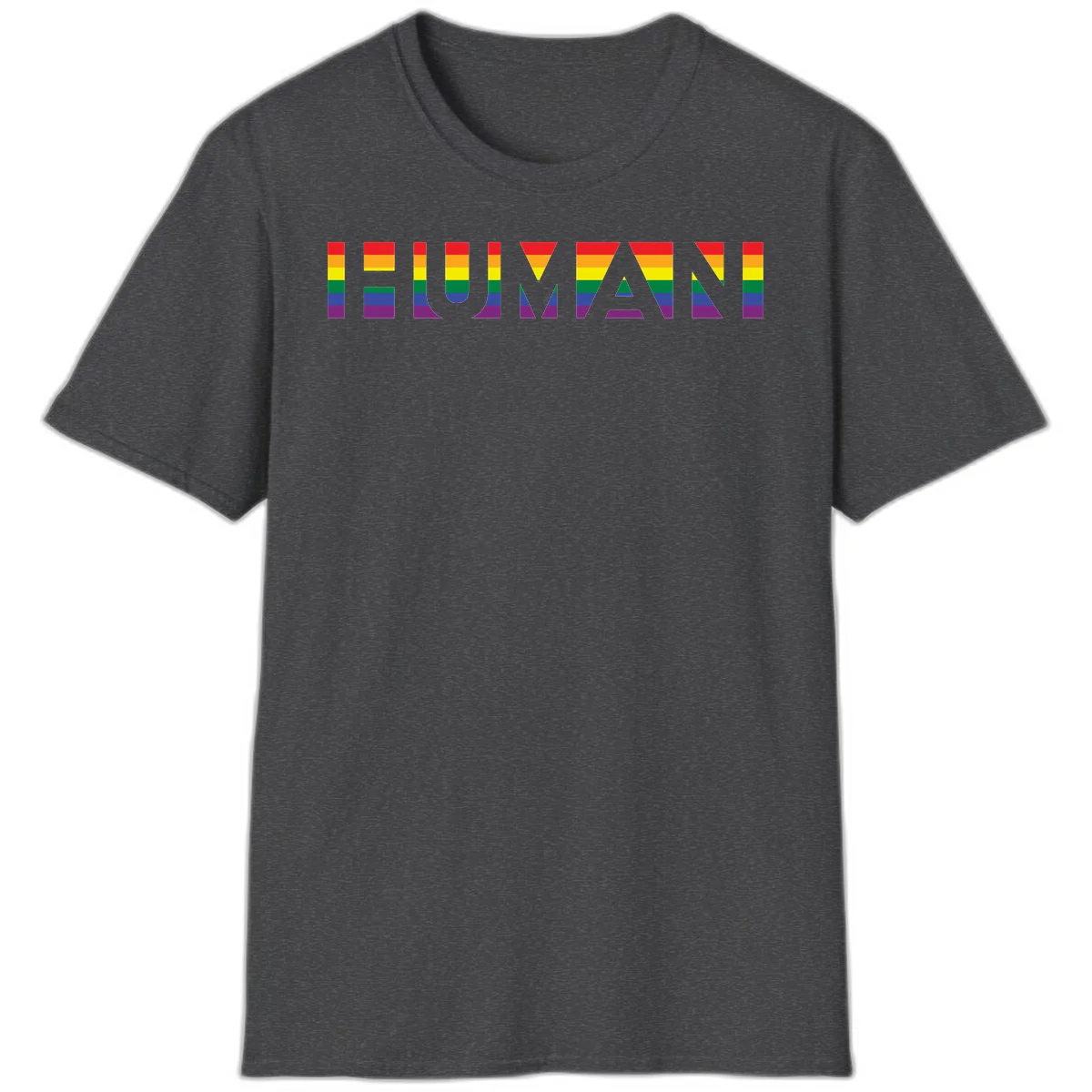 Rainbow pride letters in red, orange, yellow, green, blue, and purple stripes on gray background in Dark Heather
